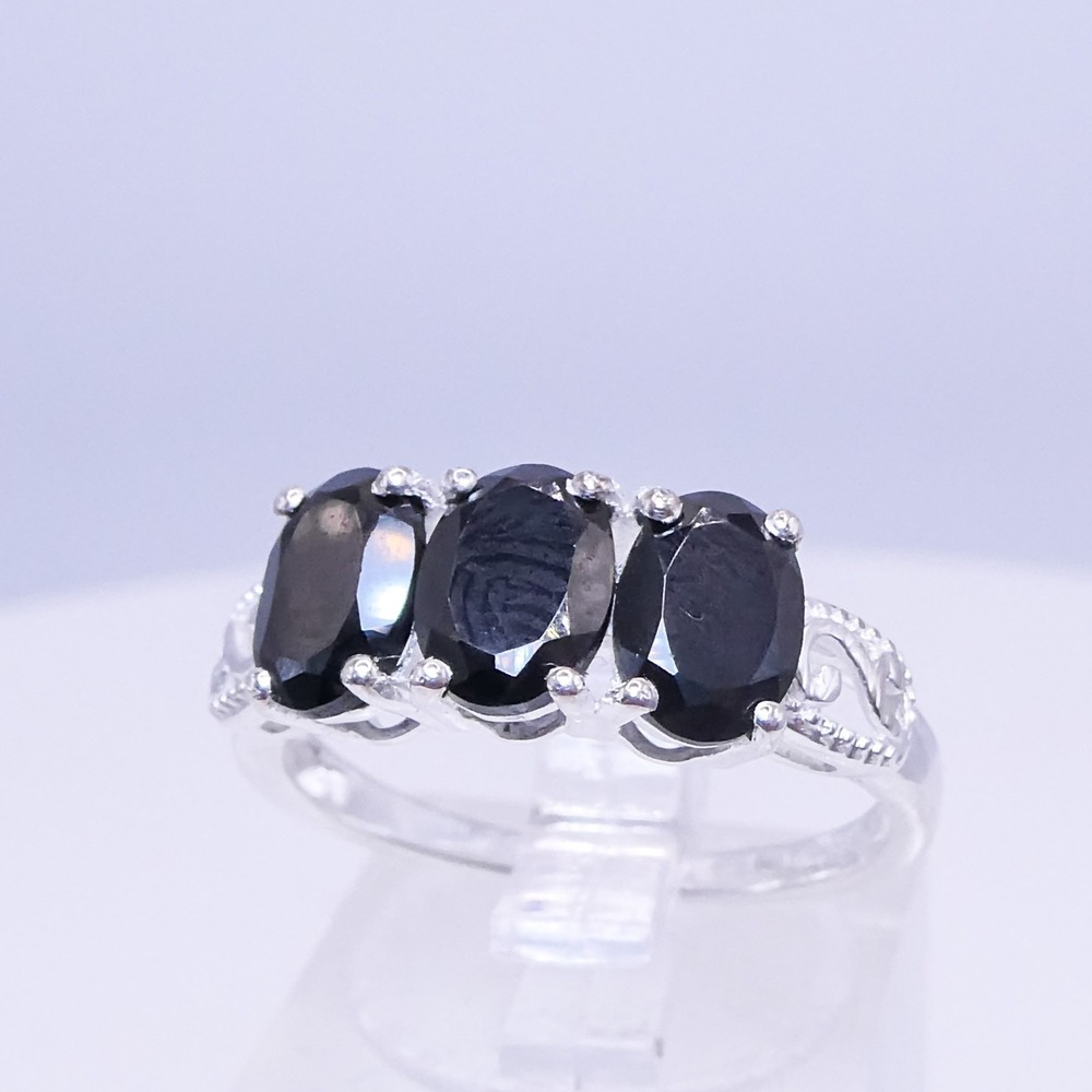 Sterling Silver 925 D'Joy Black Spinel 3 Stone Open Scrollwork Womens Sz 7 Ring
